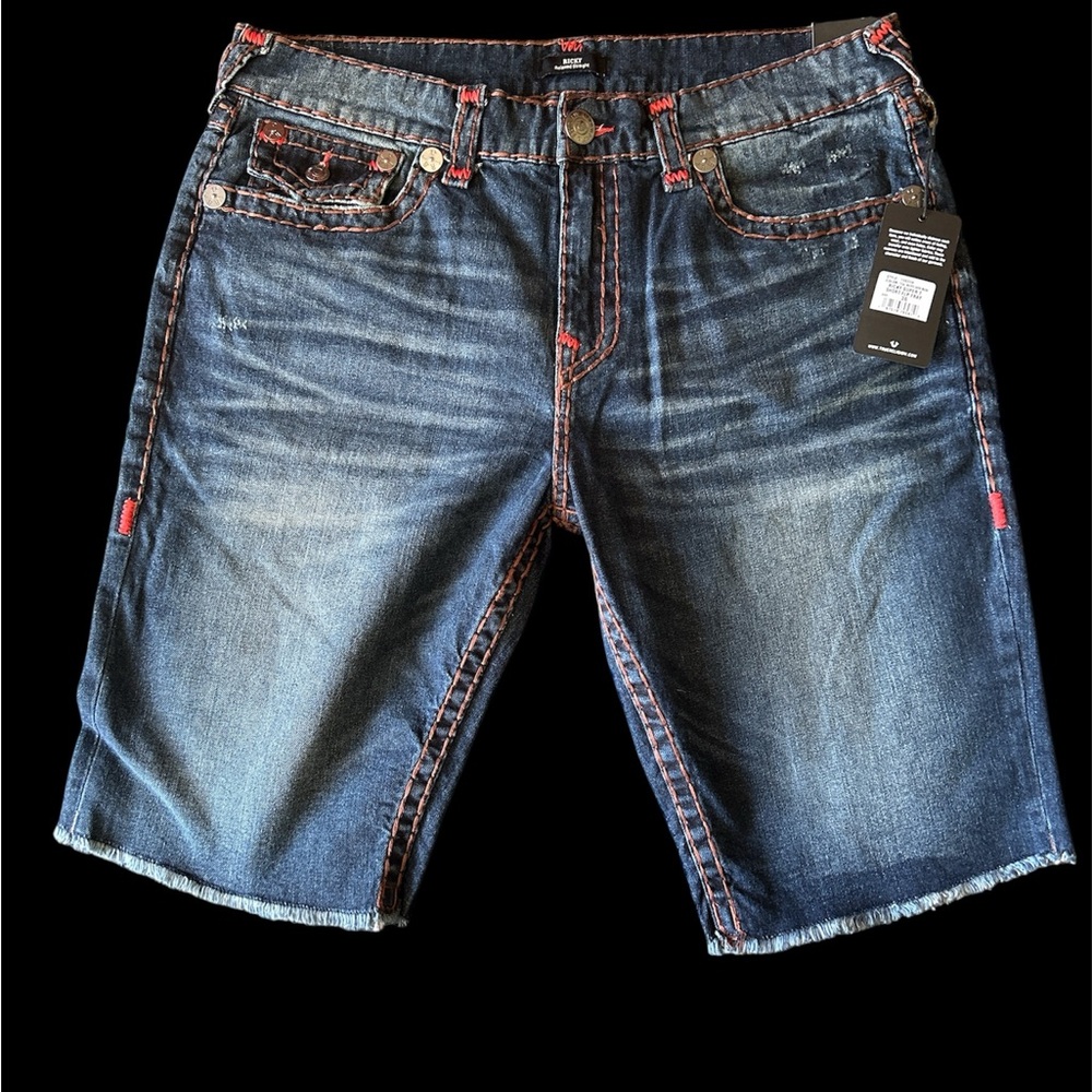 True Religion Dark Blue Jean Shorts with Red Accents